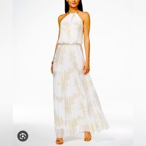 MSK Gold White Metallic Pleated Halter Blouson Gown